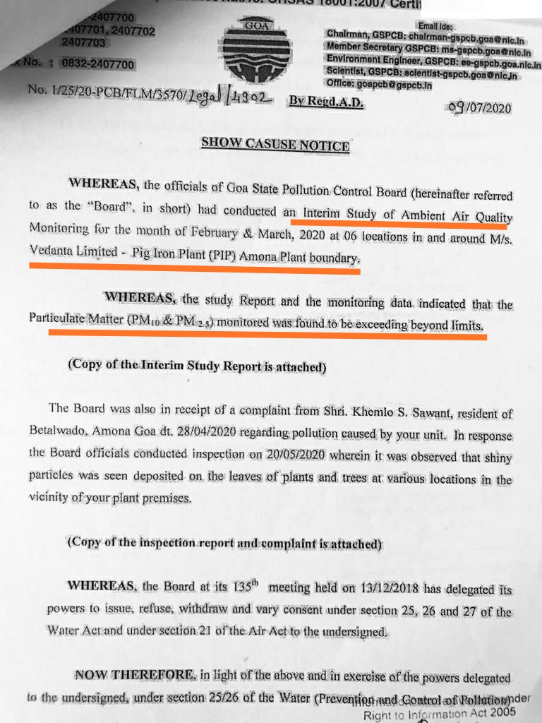 گوا آلودگی کنٹرول بورڈ کی ایک اسٹڈی میں امونا پلانٹ کے ارد گرد پی ایم 10 اور پی ایم 2.5 کی خطرناک سطح پائی گئی۔